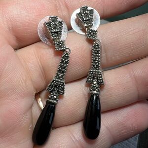 Vintage Judith Jack Sterling silver black onyx marcasite dangle earrings